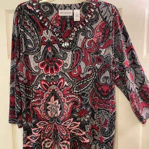 Beautiful multi colored Alfred Dunner blouse, 3/4 sleeves, beaded collar.